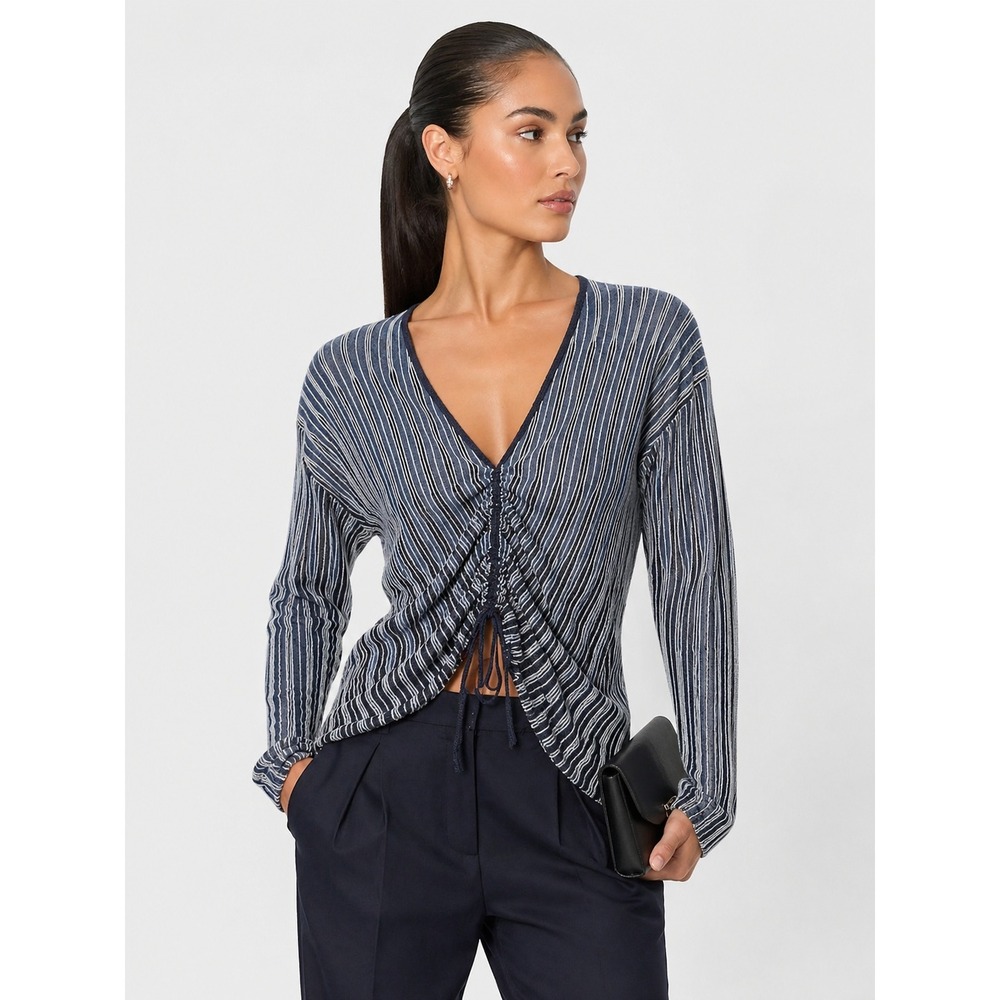 Emporio Armani Striped Knit V-Neck Ruched Tie Front Sweater Blue Gray S